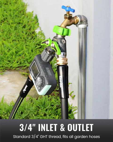 RainPoint garden hose splitter with green metal handles, 2-way shutoffs, mounted to outdoor faucet with digital timer.