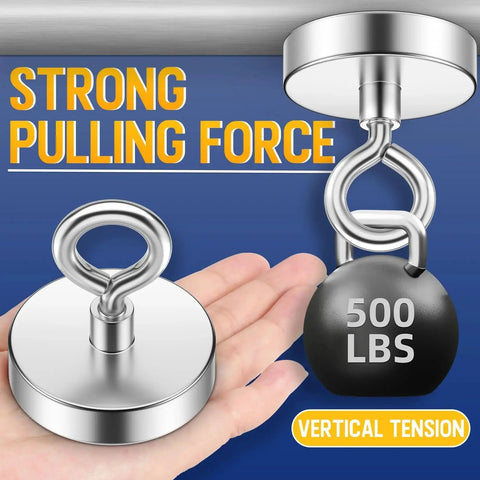Heavy Duty Fishing Magnet 500 Lb Pulling Power 2.36 Inch Base for Treasure Hunts shown with strong vertical tension.