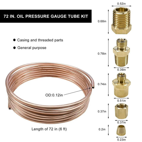 Heavy Duty 72 Inch Copper Oil Pressure Gauge Tubing Kit With Brass Threaded Fittings And Seal Tape For Pressure Gauges.