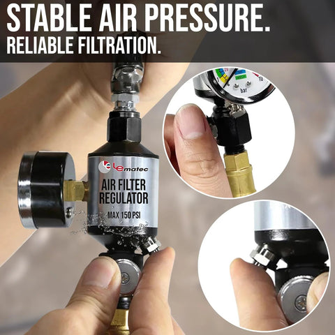 Air filter regulator with gauge and water separator, LE LEMATEC, brass fittings, 1/4 NPT inline, max 150 PSI