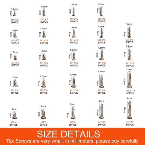 Nickel Plated M1.2 M1.4 M1.5 M2 Round Pan Head Tapping Screws Kit For Laptop Notebook Electronics Repair 1100 Pieces 24 Types