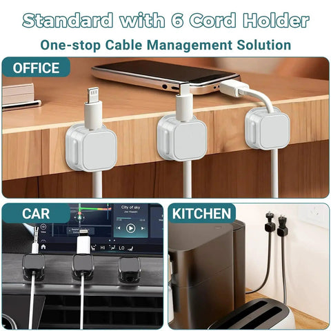 Under Desk Cable Management Tray With Clamp No Drill Installation showcasing cord organization in office, car, and kitchen.