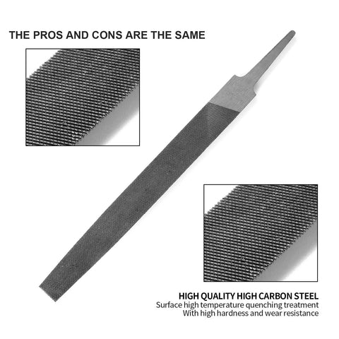 6 Inch Flat Hand File With Double Cut Teeth For Metal And Wood Shaping Deburring And Smoothing Edges High Carbon Steel Durable Single Hand Tool Without Handle For Professional And Hobby Use, image showing file top view with close-ups of double-cut teeth.