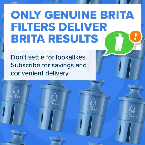Image of multiple blue Brita water filters with text emphasizing genuine product benefits and subscription offer.