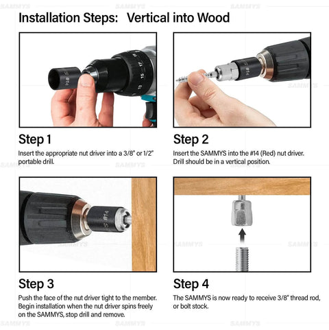 Installation steps of Pro Grade Wood Screw Swivel Threaded Rod Anchor For Wood, 20 3/8 Inch, 17 Degree Off Vertical Install shown.