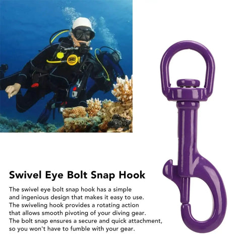 Purple 75mm marine-grade stainless steel swivel eye bolt snap hook; right-side close-up view