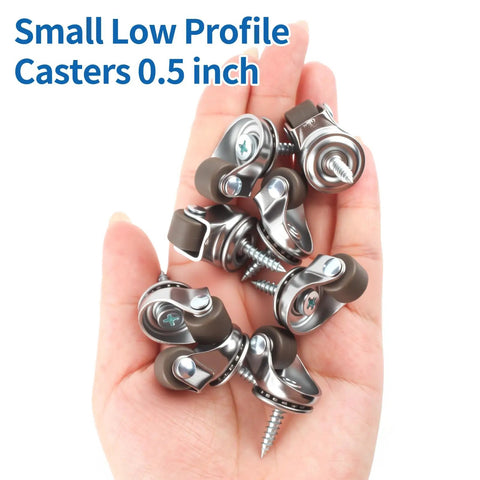 "One Half Inch Small Caster Wheels Single Screw Mounting, Mini Low Profile Swivel Castors For Furniture, Kitchen Appliances, Toy Carts, Storage Boxes, Bins And DIY Projects, 8 Pack Brown held in hand showing size"