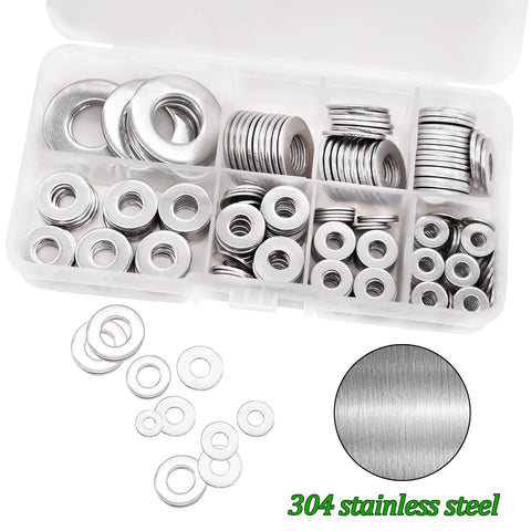 Flat washers set, 304 stainless steel, 270 pcs in 8 sizes, stored in clear plastic box