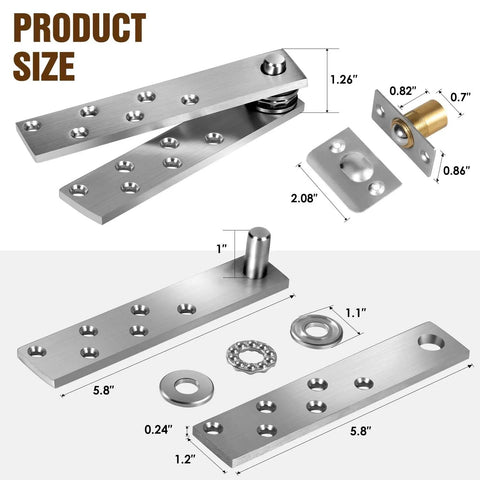 Product size diagram of Hidden Door Pivot Hinges for Wood Doors, Heavy Duty Stainless Steel 200 Lb Load, Concealed Bookcase Cabinet Door Hinges.
