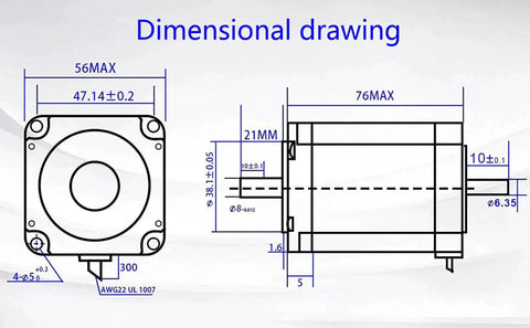 Dimensional drawing of Dual Shaft Nema 23 Stepper Motor 270 Oz In Torque 76mm Size, front and side views with measurements.