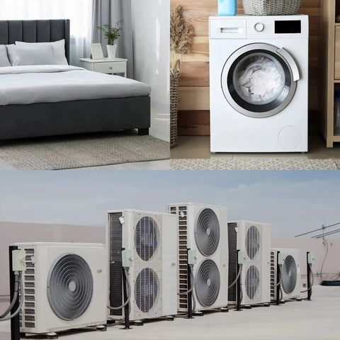 Room with bed, washing machine, and outdoor HVAC units for illustrating Rock Solid Heavy Duty Rubber Vibration Pads 4 Pack 50mm Square 10mm Thick Isolation Mats Non Slip Anti Skid Noise Reduction For HVAC Systems Compressors And Air Conditioners