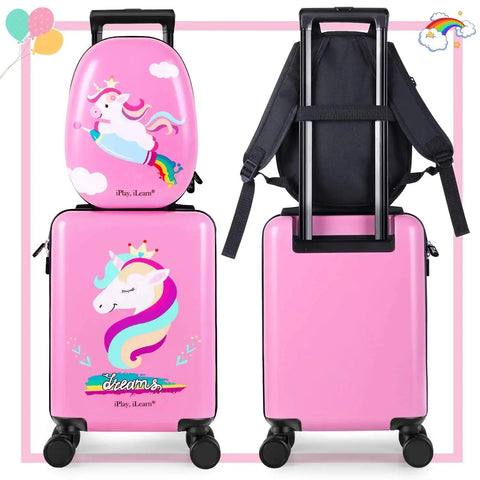 Unicorn Kids Luggage Set For Girls With 18 Inch Hard Shell Carry On And Backpack, Toddler Rolling Luggage With iPlay iLearn Design