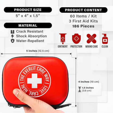 Compact Family Friendly Mini First Aid Kit With Carabiners For Grab And Go Travel, showing size and material details.