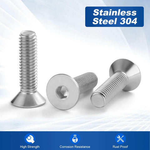 3/8-16 Inch Socket Cap Screws Flat Head Countersunk Bolts Heavy Duty 304 Stainless Steel 18-8 Bright Finish