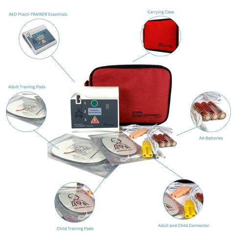 AED Practice Trainer Bundle WL120ES10 Bundle Essentials with 10 Pack Practi Valve, carrying case, and training accessories displayed.