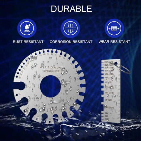 Pro Grade Wire Gauge Measuring Tool For Metal Sheets With Dual Sided Thickness Gauge In Stainless Steel Ready For AWG And SAE Measurements Set Of Four with water droplets on surface.