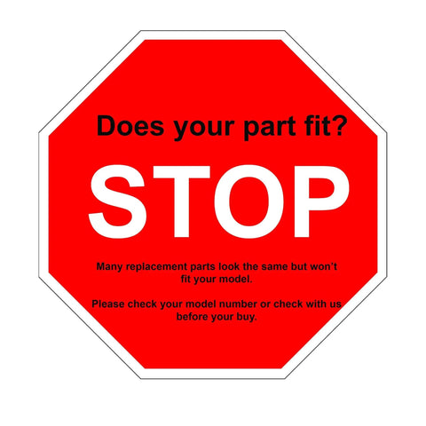 Red octagonal sign with text warning to check model compatibility before purchase.