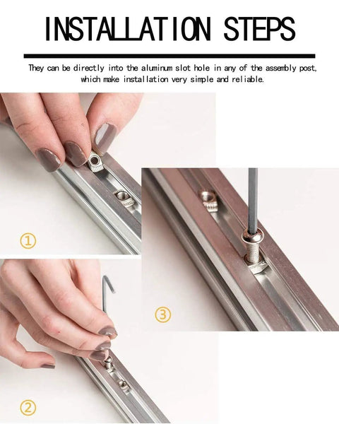 Installation steps for 50 Pack 4040 Series M6 T Slot Nuts Hammer Head Fasteners for Aluminum Profiles, nickel plated, rust resistant