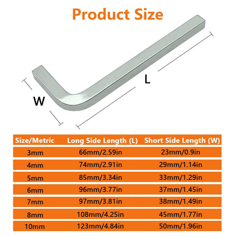 7 Piece Square Head Wrench Set with L Shaped Keys for Pocket Hole Screws, Pro Grade Cr V Steel, diagram with size chart