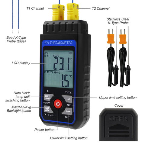 Dual-Channel K/J Thermometer with 4 K-Type probes; black handheld unit with blue LCD display.