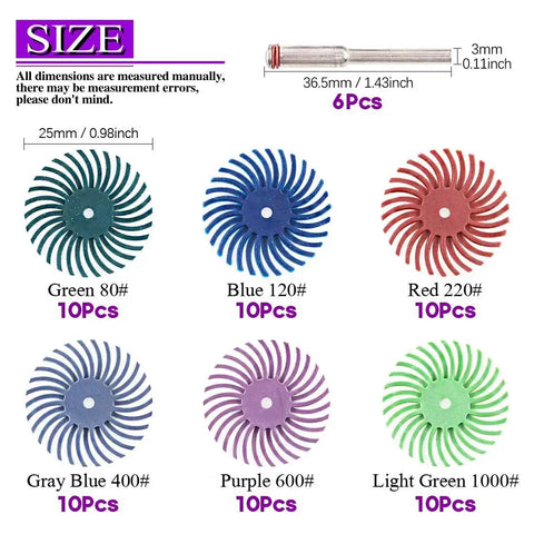 66 Piece Pro Grade Radial Bristle Disc Abrasive Kit For Rotary Tools With One Eighth Inch Shank Includes Mixed Grit 80 120 220 400 600 1000 For Polishing Deburring Finishing And Cleaning displayed in six colors.