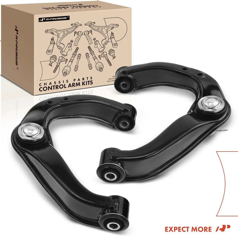2 Front Upper Control Arm Set With Beefed-Up Ball Joints And Bushings For Nissan Frontier 2006-2019, Pathfinder 2005-2012, Xterra 2005-2015 - Driver And Passenger Side, Premium Rubber Bushings, Easy Install shown in black metal with packaging