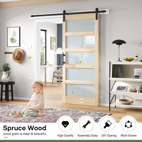 Glass Sliding Barn Door Kit 34 By 84 Inch With Six Feet Of Hardware Included Five Panel Frosted Glass In Spruce Wood Frame Installed