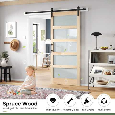36 By 84 Inch Glass Sliding Barn Door Slab With 6.6 Foot Hardware Kit Included, 5 Panel Frosted Glass, Spruce Wood Support