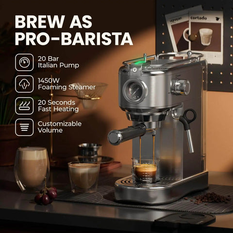 20 Bar Espresso Machine With Steam Wand, Compact Stainless Steel Coffee Maker For Lattes And Cappuccinos, 1450W Fast Heating