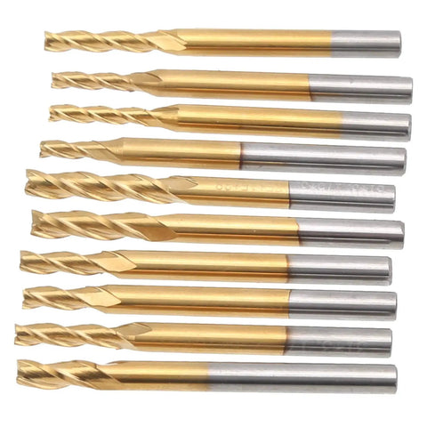 10 Piece 3 Flute End Mills Pro Grade Round Shank CNC Milling Cutters Ti Plated Tungsten Steel For Engraving Drilling Milling And Cutting Hardwood Plywood Acrylic Plastic Fiber Resin PCB Projects arranged in a row