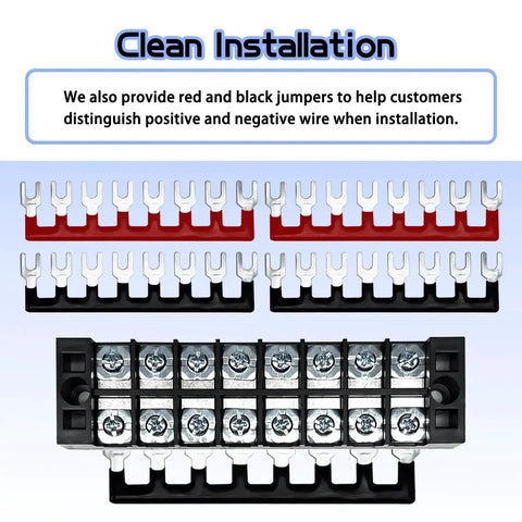 4 Sets 8-Position 600V 25A Terminal Blocks With Cover, shown with red/black jumpers for easy wiring and clean installation.