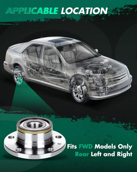 Rear Wheel Hub Bearing Assembly 512319 Drop In Ready Replacement Kit With ABS, shown beside vehicle for FWD models, rear left and right fitment.