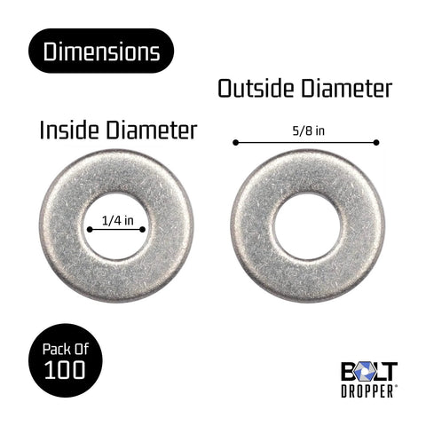 Bolt Dropper stainless steel flat washers, 1/4 in inside diameter and 5/8 in outside diameter, pack of 100