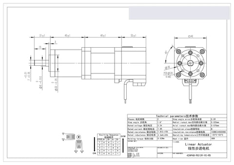 Permanent magnet DC stepper motor technical drawing with shaft and mounting flange; side and front views.