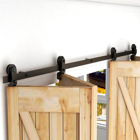 Heavy Duty 6ft Barn Door Bi-Folding Hardware Kit For Four Panels, Sliding Track System, Durable Carbon Steel With Frosted Black Finish