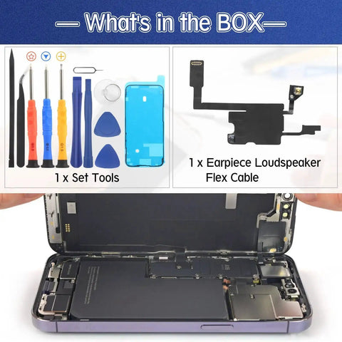 iPhone 14 Pro Max Earpiece Speaker Replacement Kit With Proximity Sensor Flex Cable And Tools package contents and installation view