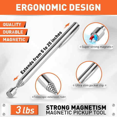 Must Have Versatile Four Piece Magnetic Pickup Tools Kit With Telescoping Extensions From 7 To 30.5 Inches And 5 To 25 Inches Bend It Flexible Magnetic Pickup Tool And Collapsible Parts Tray For Your Garage Workshop And Yard, showing a telescopic magnetic pickup tool with ergonomic design features and strong magnetism.