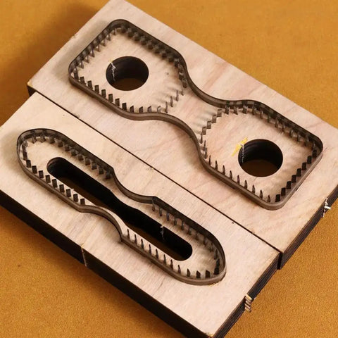 2 Piece Strap End Cutting Mold Set With Wooden Dies And Japanese Steel Cutters for DIY leathercraft, showing pro-grade wood dies