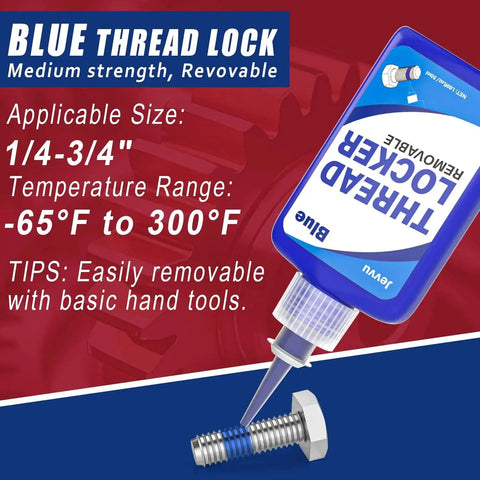 Blue thread lock bottle with medium strength for bolts, showing applicator tip, 1/4-3/4 inch size range, and temp range -65°F to 300°F.