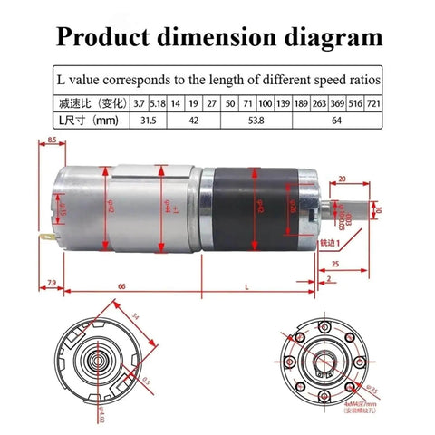 Product dimension diagram of 42 Millimeter DC Motor With Planetary Gearbox 12V 24V High Torque Reduction Low Speed High Power