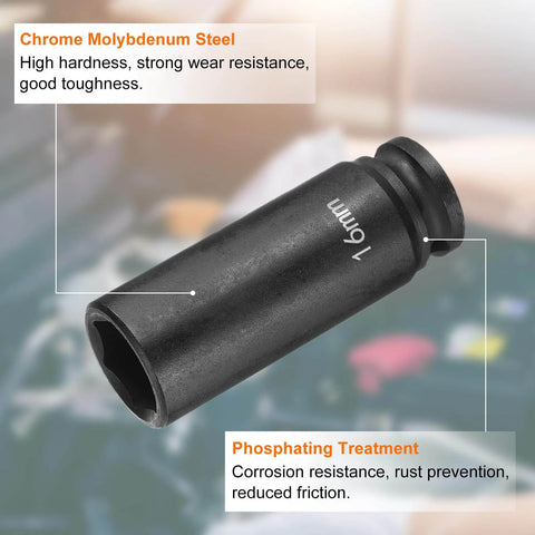 Beefy Deep Impact Socket 3/8 Inch Square Drive, 16mm 6 Point, 65mm Long Flip Socket in CR-MO Steel, black finish, side view