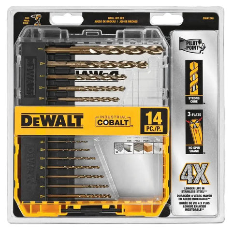 Front view of Cobalt Alloy Steel Drill Bit Set With Pilot Point, 14 Piece, For Wood Metal And I Beams, in clear case.