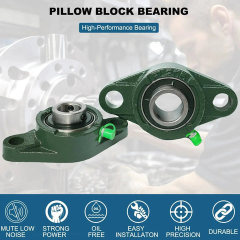 Four Pack Pillow Block Bearing UCFL205 16 Self Aligning Flange Mount Ball Bearing Unit With 1 Inch Bore And Two Bolt Flange Cast Iron Housing Built To Last Set Screw Locking For Industrial Machinery And Heavy Duty Applications shown with two bearings and features