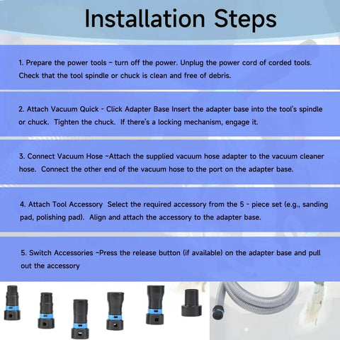 Installation steps for 16 Foot Universal Dust Collection Hose For Home And Shop Vacuum Systems Includes 6 Pro-Grade Adapters