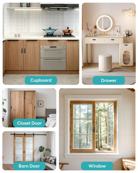 Collage of kitchen, drawer, closet door, barn door, and window in home interiors.