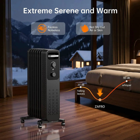 Efficient 1500W Oil Filled Radiator Heater With Rapid Whole Room Warmth 7 Turned Edge Fins Energy Saving Electric Space Heater 3 Heat Settings Tip Over And Overheat Protection Portable Wheeled Heater For Home Office Indoor Use Black shown in a cozy room.