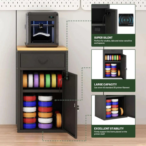 180L 3D Printer Filament Storage Cabinet With Built In Dehumidifier For 40 Rolls Nylon PLA ABS TPU, black cabinet storing filament rolls