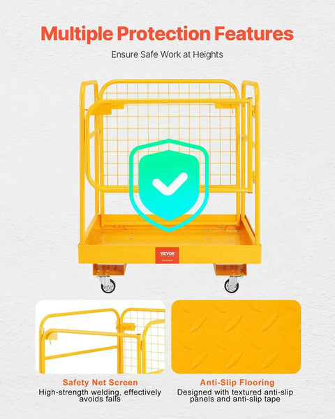 Front view of Forklift Safety Cage Work Platform 1200 Lb Load Capacity Collapsible With Wheels, featuring safety net and anti-slip.