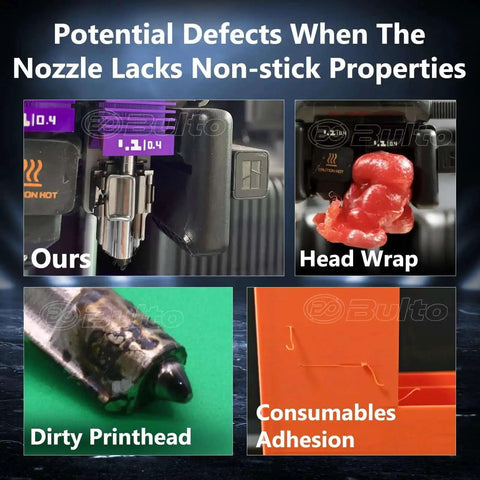 Visual defects on 3D prints without anti-stick MPVD coating: head wrap, dirty printhead, consumables adhesion illustrating the need for Two Pack 0.4mm H2D H2S H2C P2S Hotend Nozzles With Anti Stick MPVD Coating For P2S Series And A1 Mini 3D Printers Hardened Steel High Speed Nozzle Set For Smoother Extrusion And Fewer Clogs.
