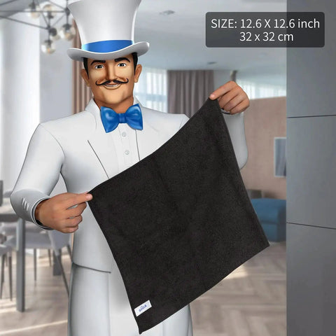 Person holding All Purpose Microfiber Cleaning Cloths Pack Of 12, Ultra Soft, Killer Streak Free And Scratch Free Rags, 32 x 32 cm, Black